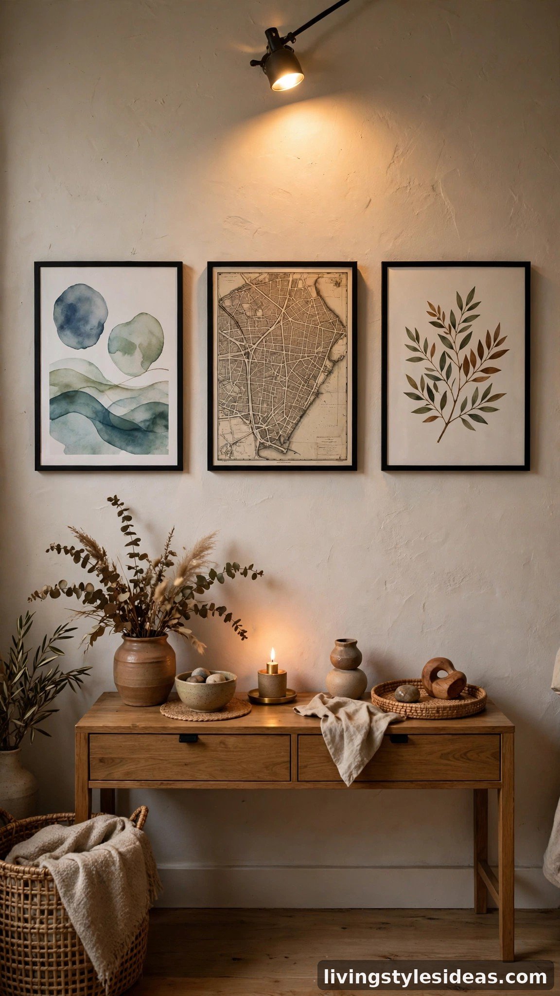 Studio wall with local art prints and framed vintage neighborhood map