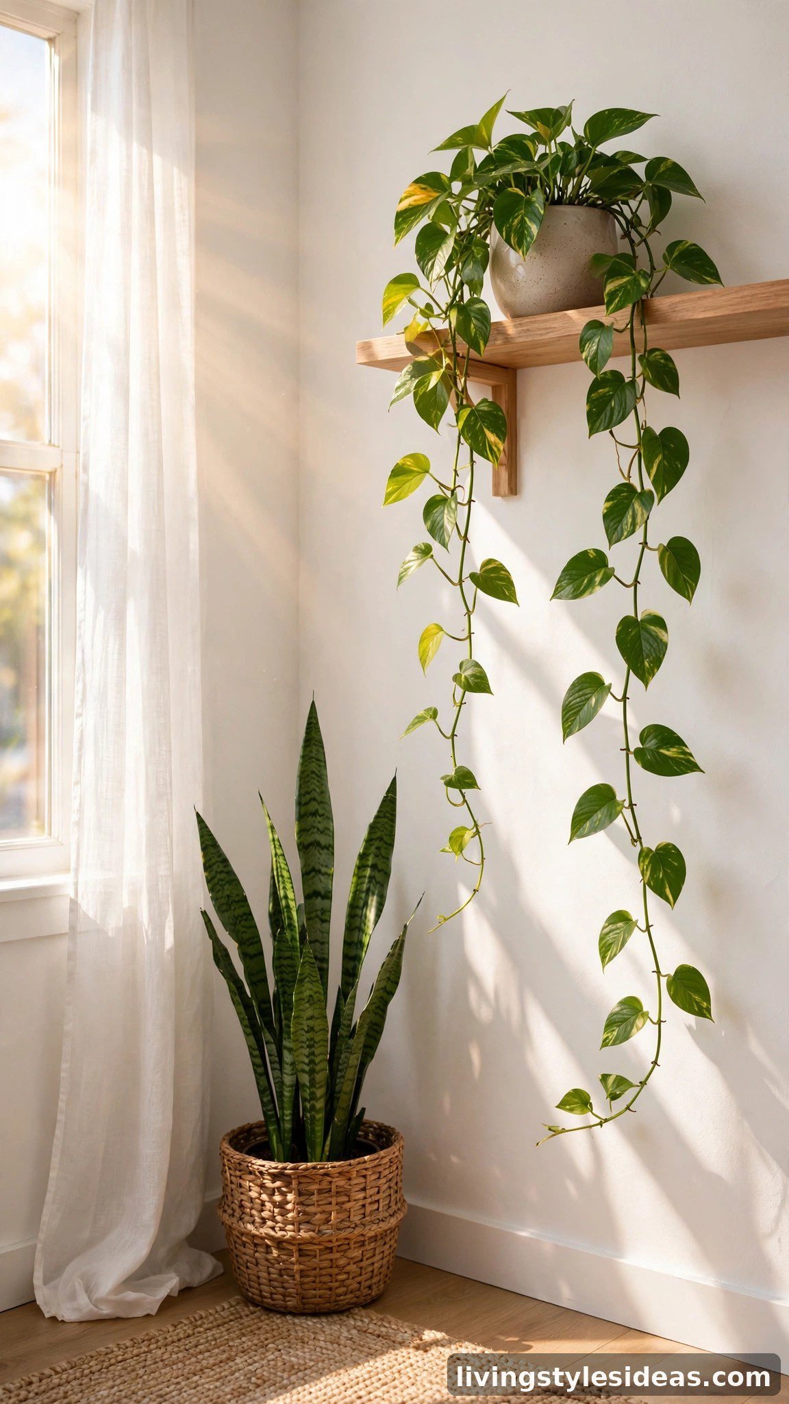 Bright studio corner with snake plant and trailing pothos