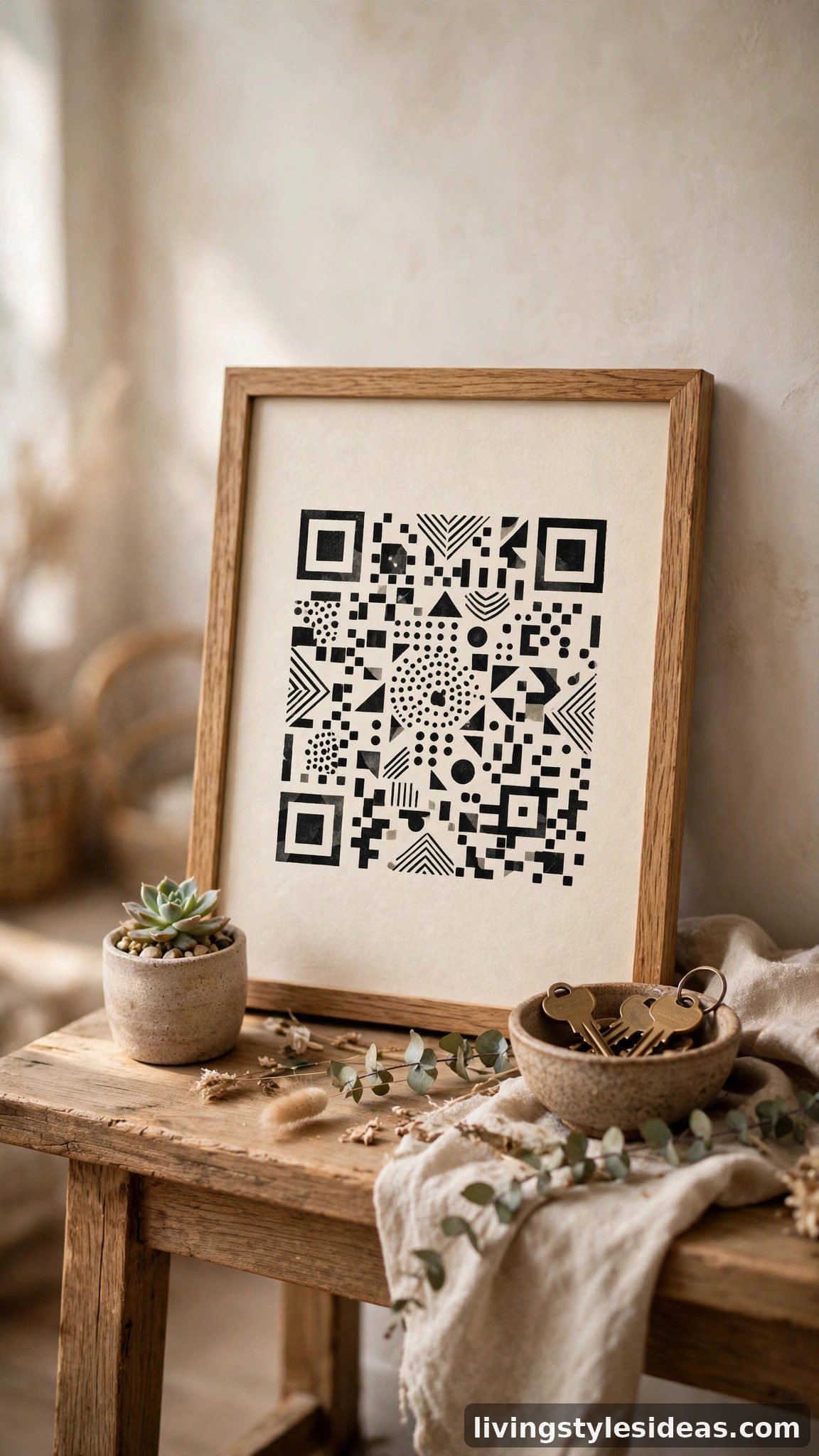 Framed welcome guide card with QR code on studio entry table
