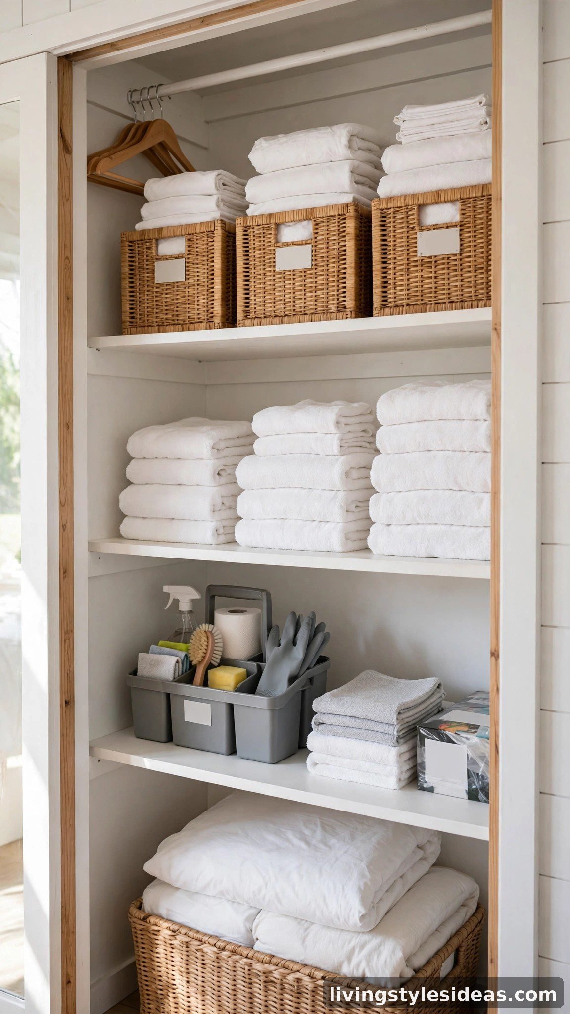 Tidy owner's closet with labeled linen bins for fast turnovers