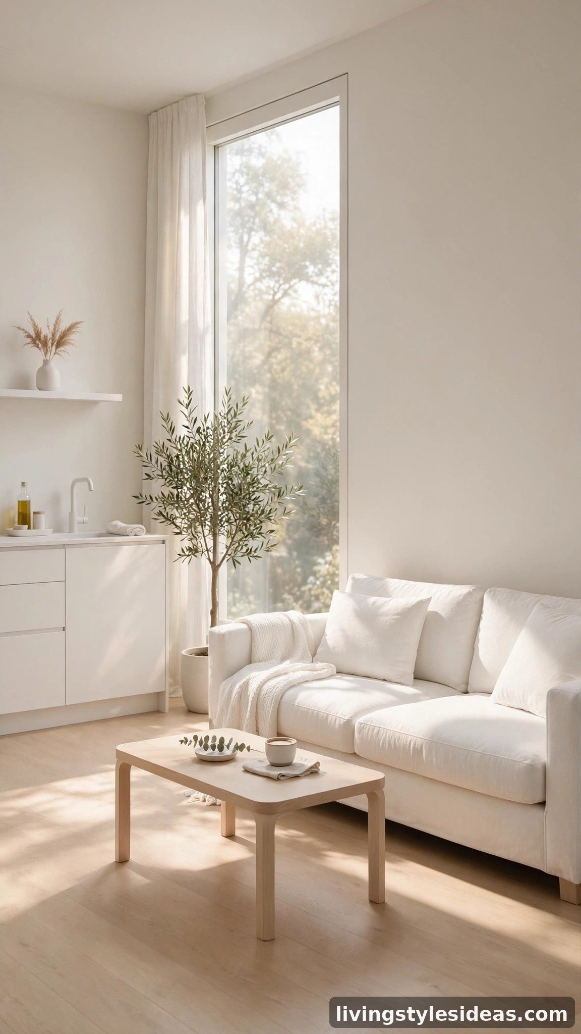 Bright studio apartment with warm white walls, white sofa and pale wood floor in soft morning light