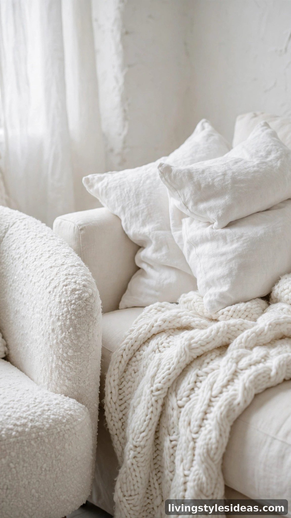 Layered white textures with boucle chair, chunky knit throw and linen cushions in an all-white studio