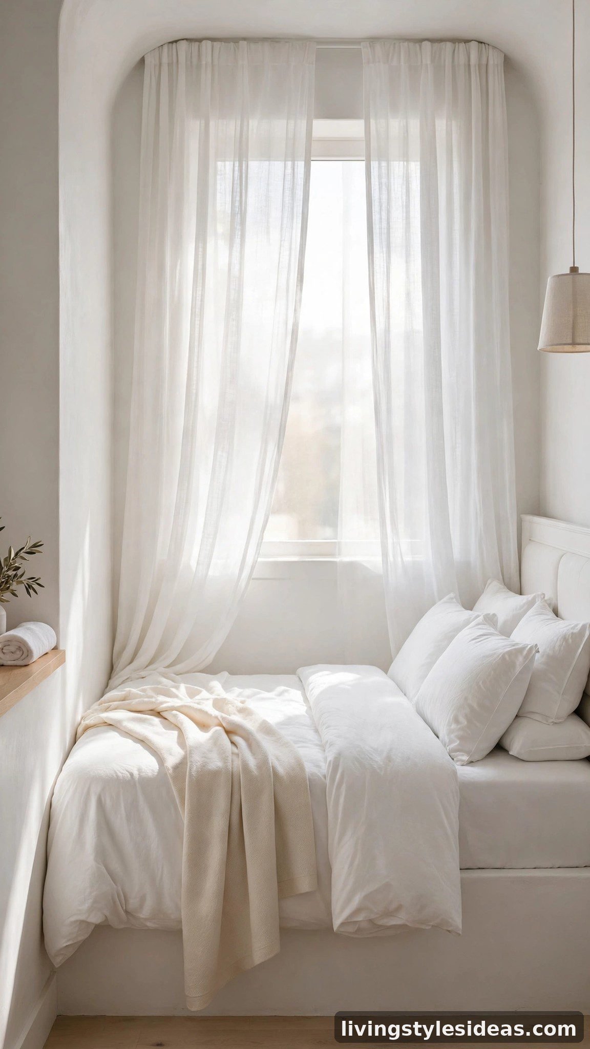 Serene all-white bed nook with layered white bedding, ivory throw and white upholstered headboard