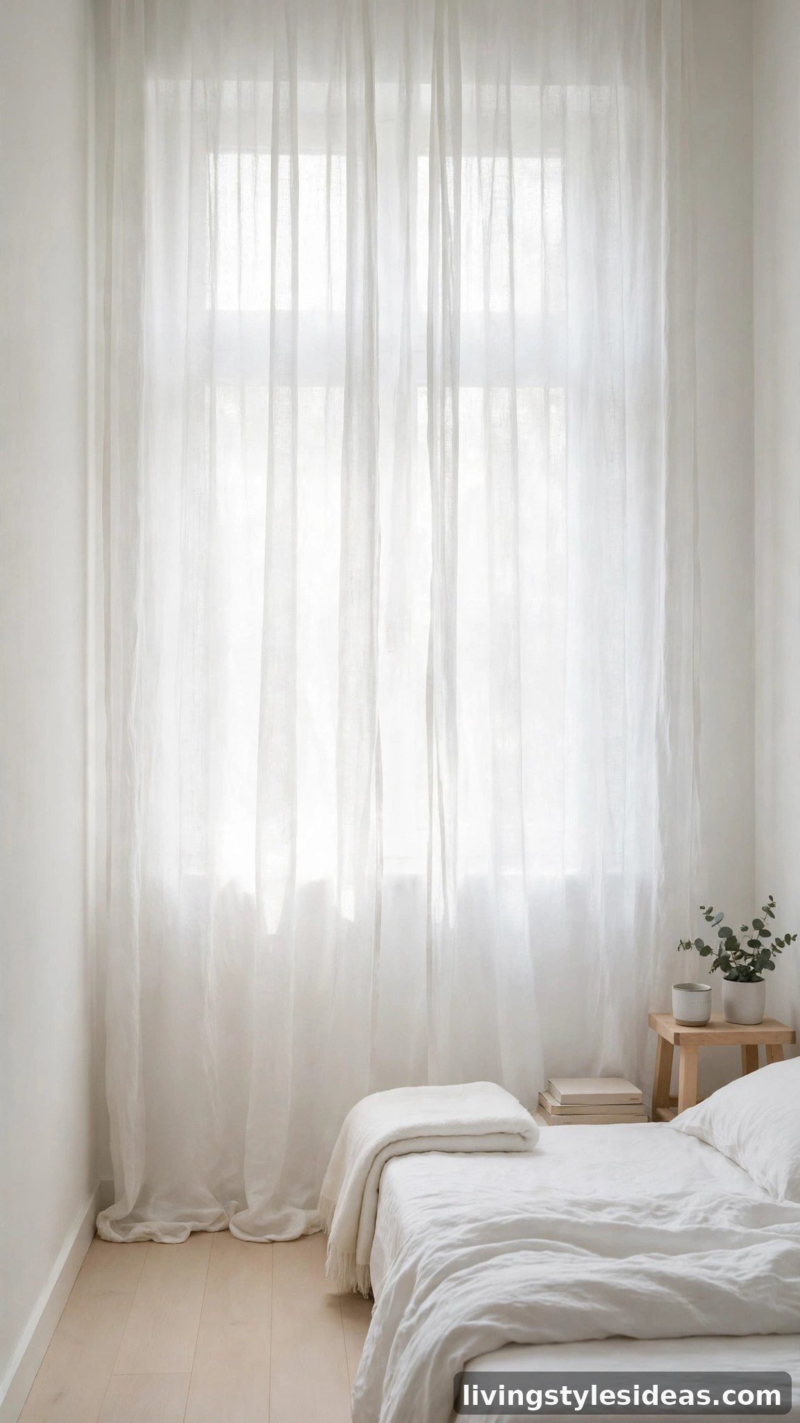 Floor-to-ceiling sheer white linen curtains glowing with daylight in a small white studio apartment