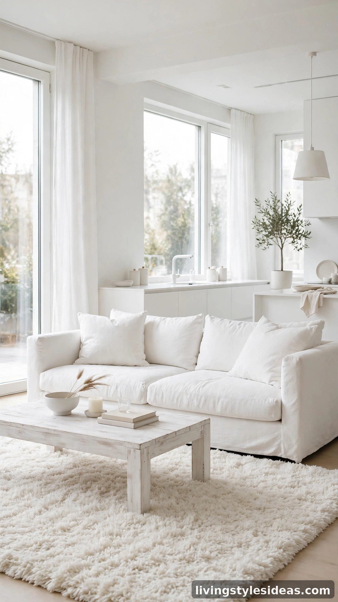 All-white studio living zone anchored by a plush ivory rug and low white sofa