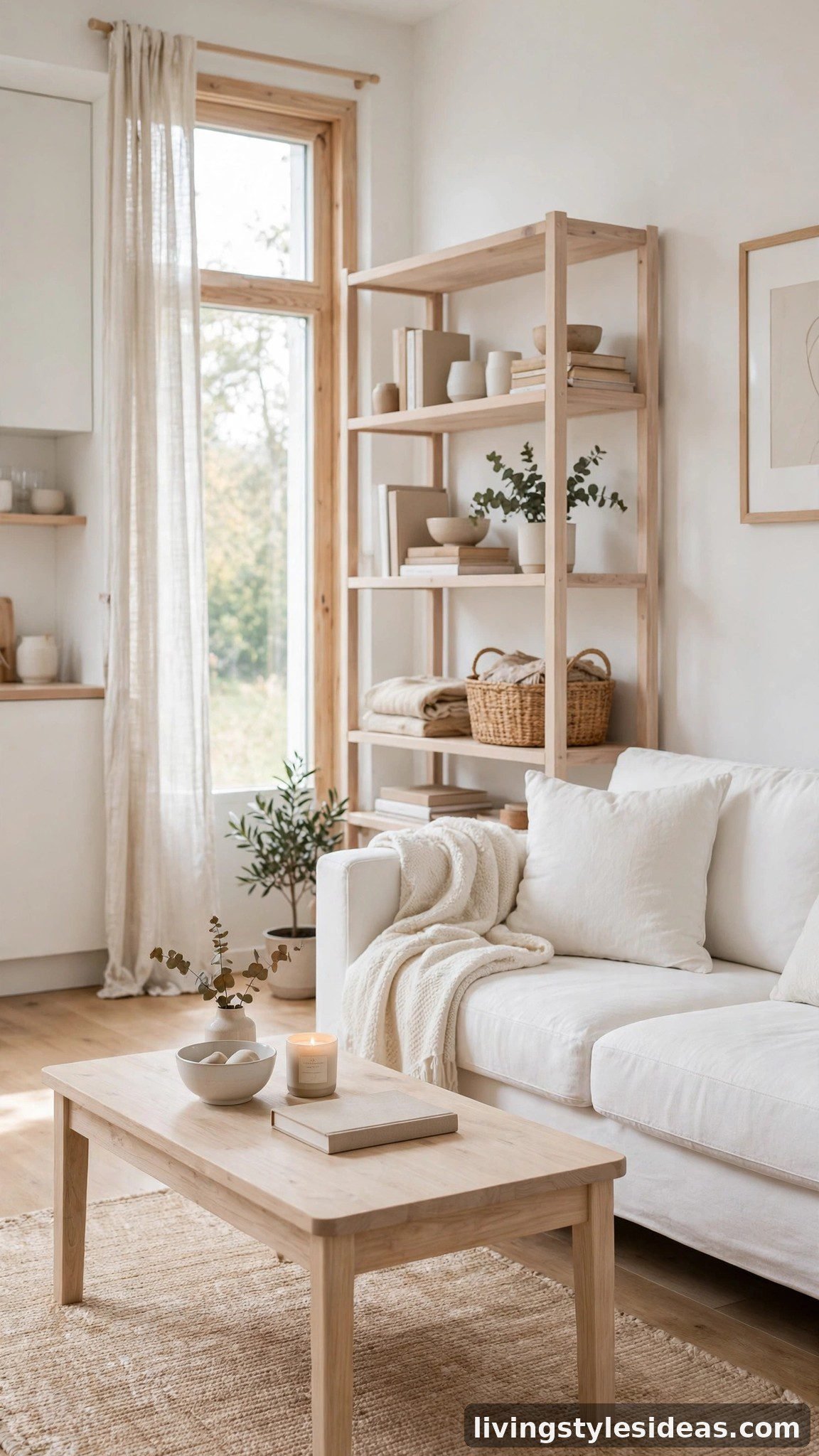 All-white studio apartment warmed by pale oak light wood furniture and bleached shelving