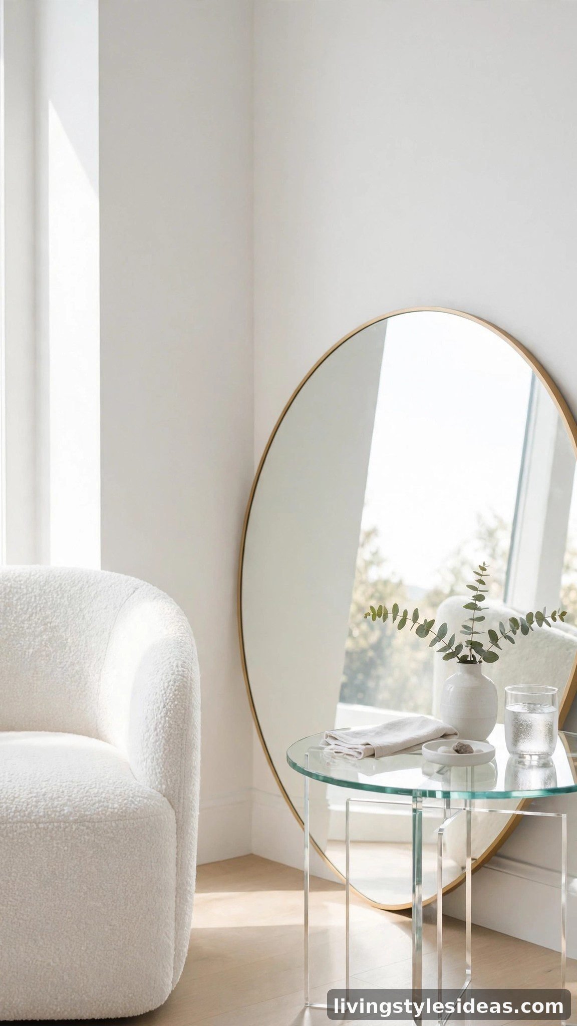 Bright white studio corner with round mirror and glass side table reflecting daylight