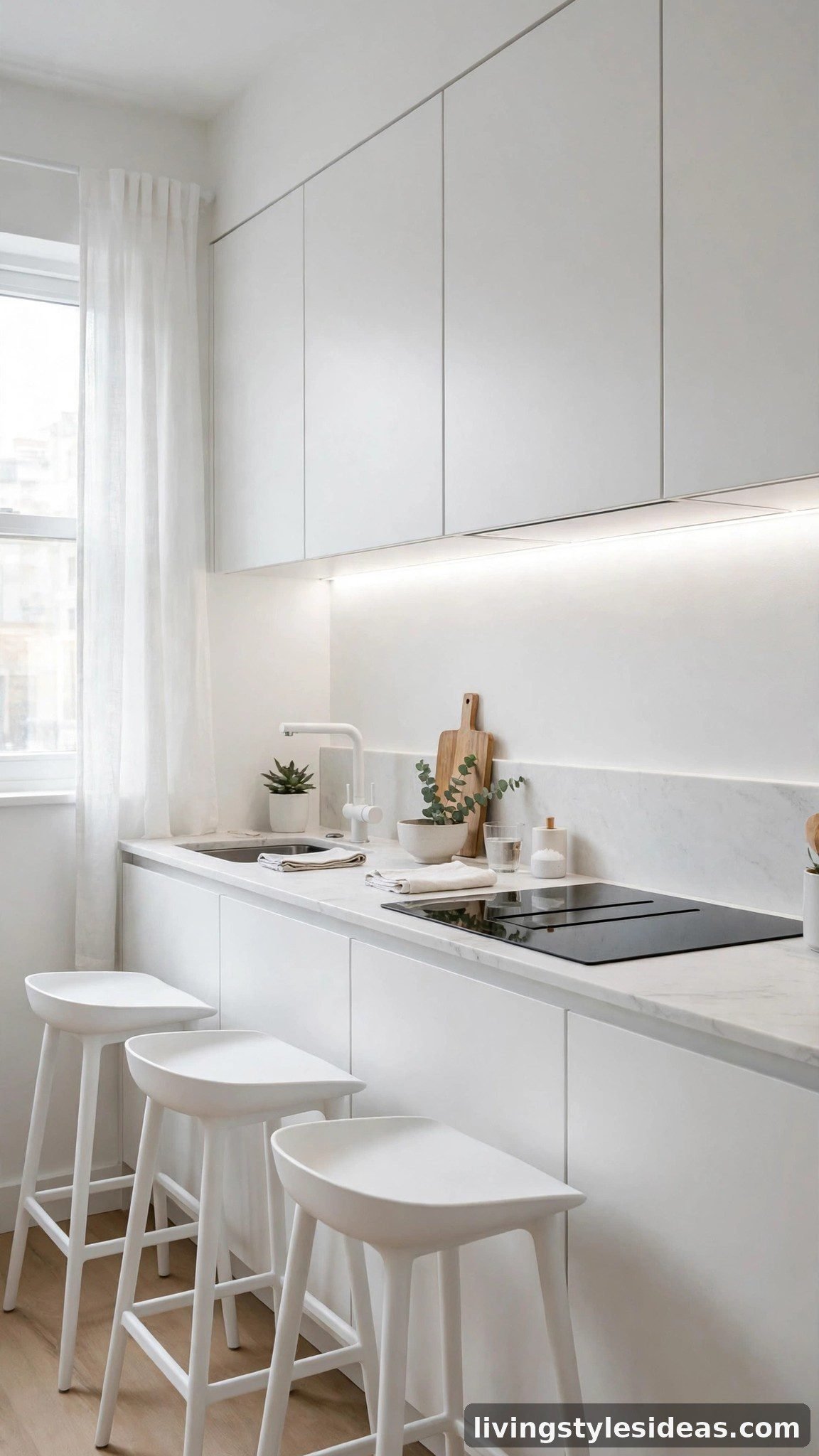 Streamlined all-white studio kitchenette with handleless white cabinets and pale stone counter