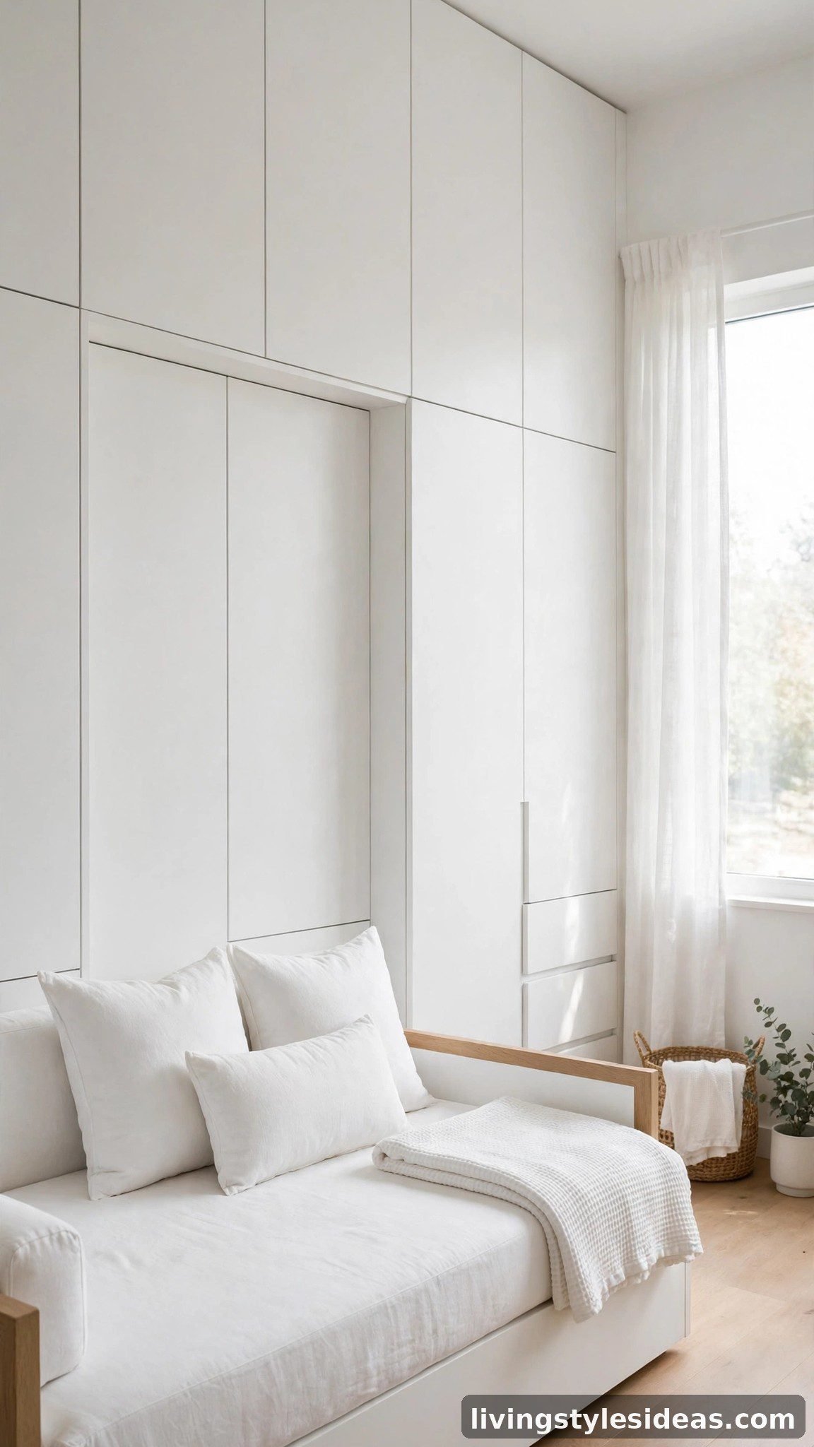 Seamless built-in white storage wall with flat closet doors in a clutter-free studio apartment