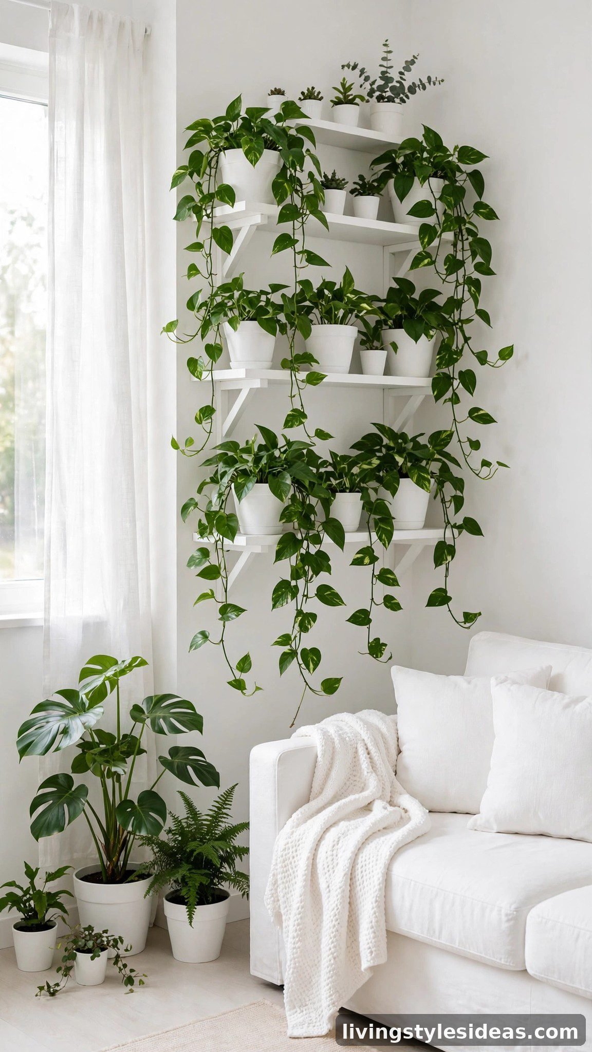 All-white studio corner refreshed by green plants in white planters beside a white sofa