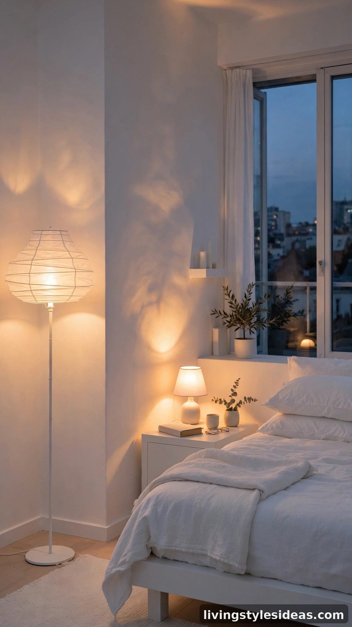 All-white studio at dusk glowing with warm white layered lamps and soft golden light
