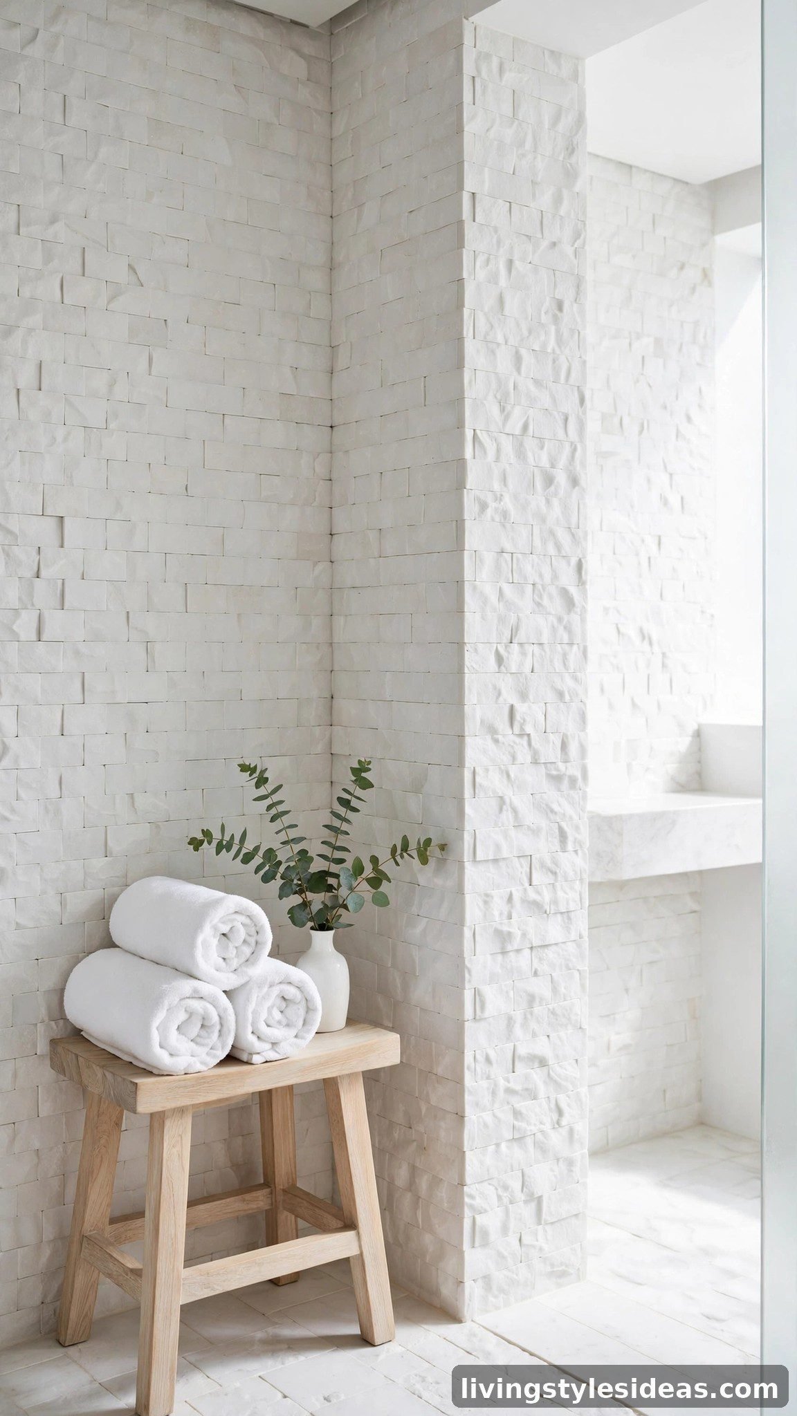 Spa-like all-white bathroom corner with rolled white towels and eucalyptus in a white vase