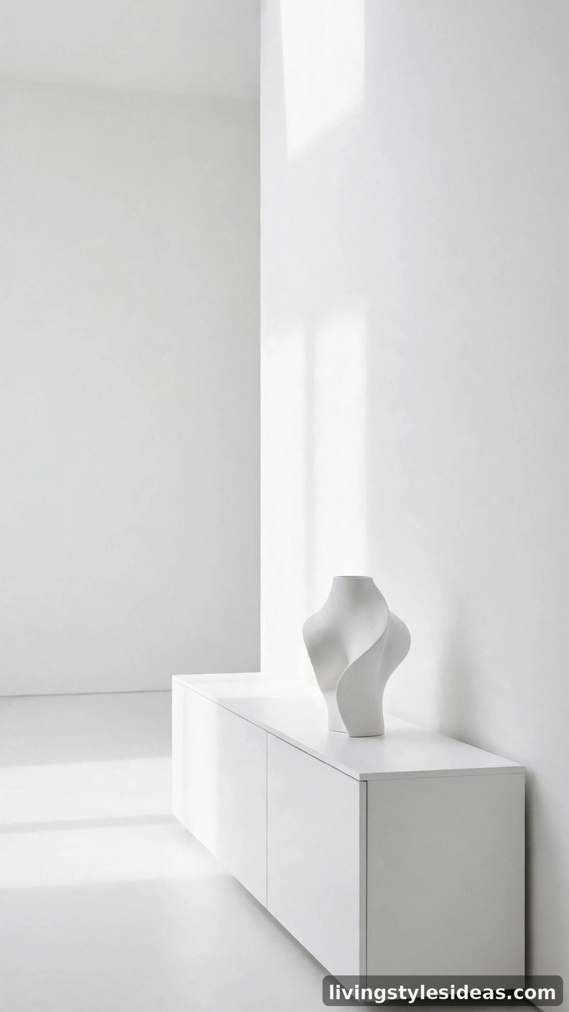 Ultra-minimal all-white studio with clear open surfaces and a single white sculptural vase