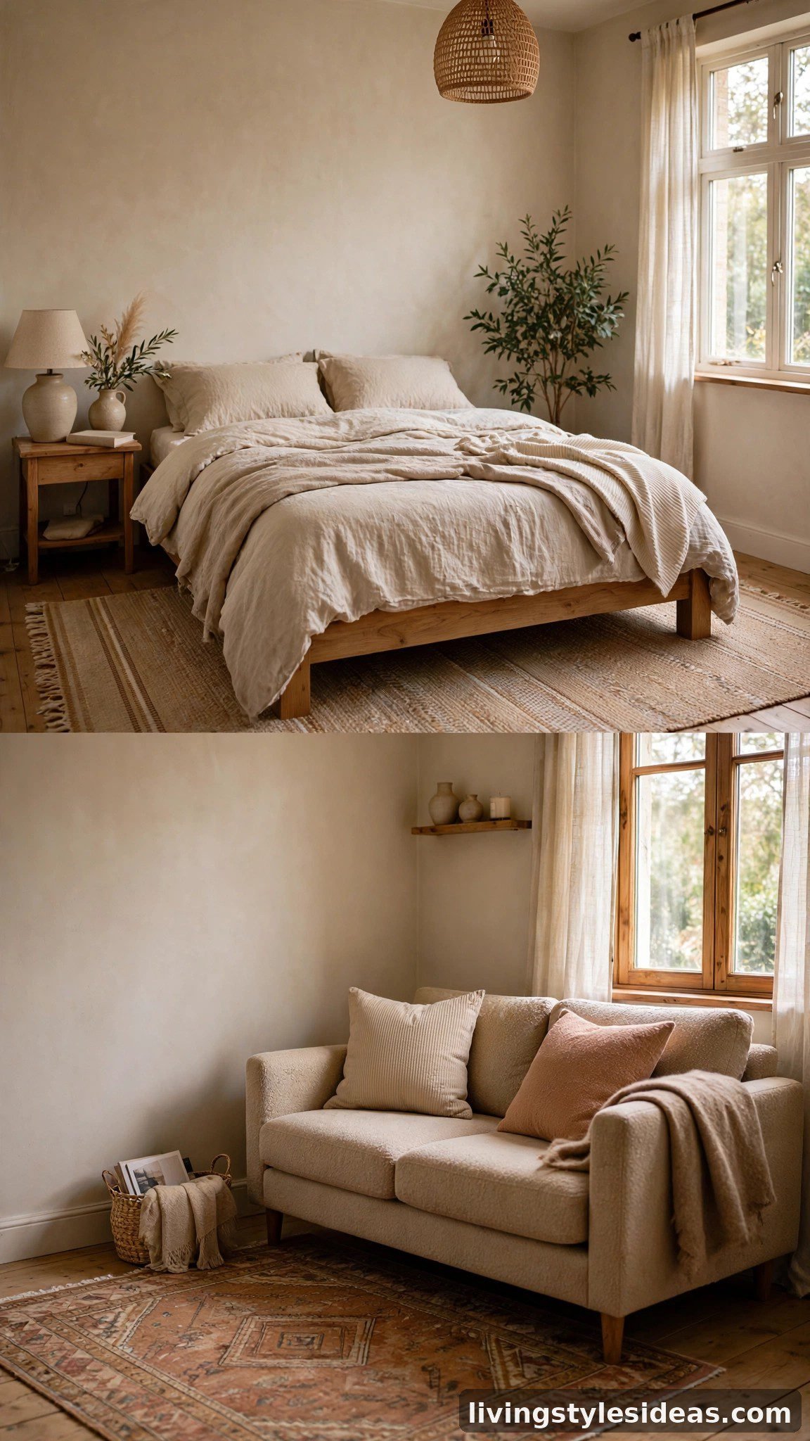 Area rugs defining bed and couch zones in one small room