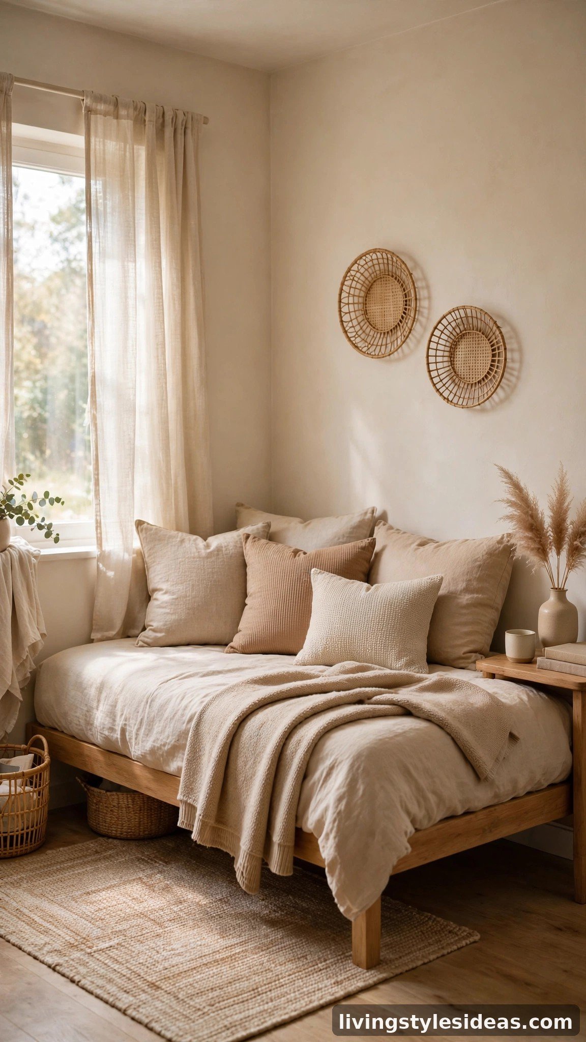 Daybed styled as a couch by day in a small bedroom