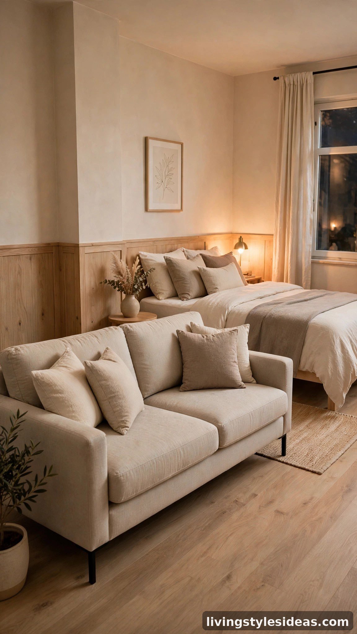 Modern sleeper sofa facing a bed in a small stylish room