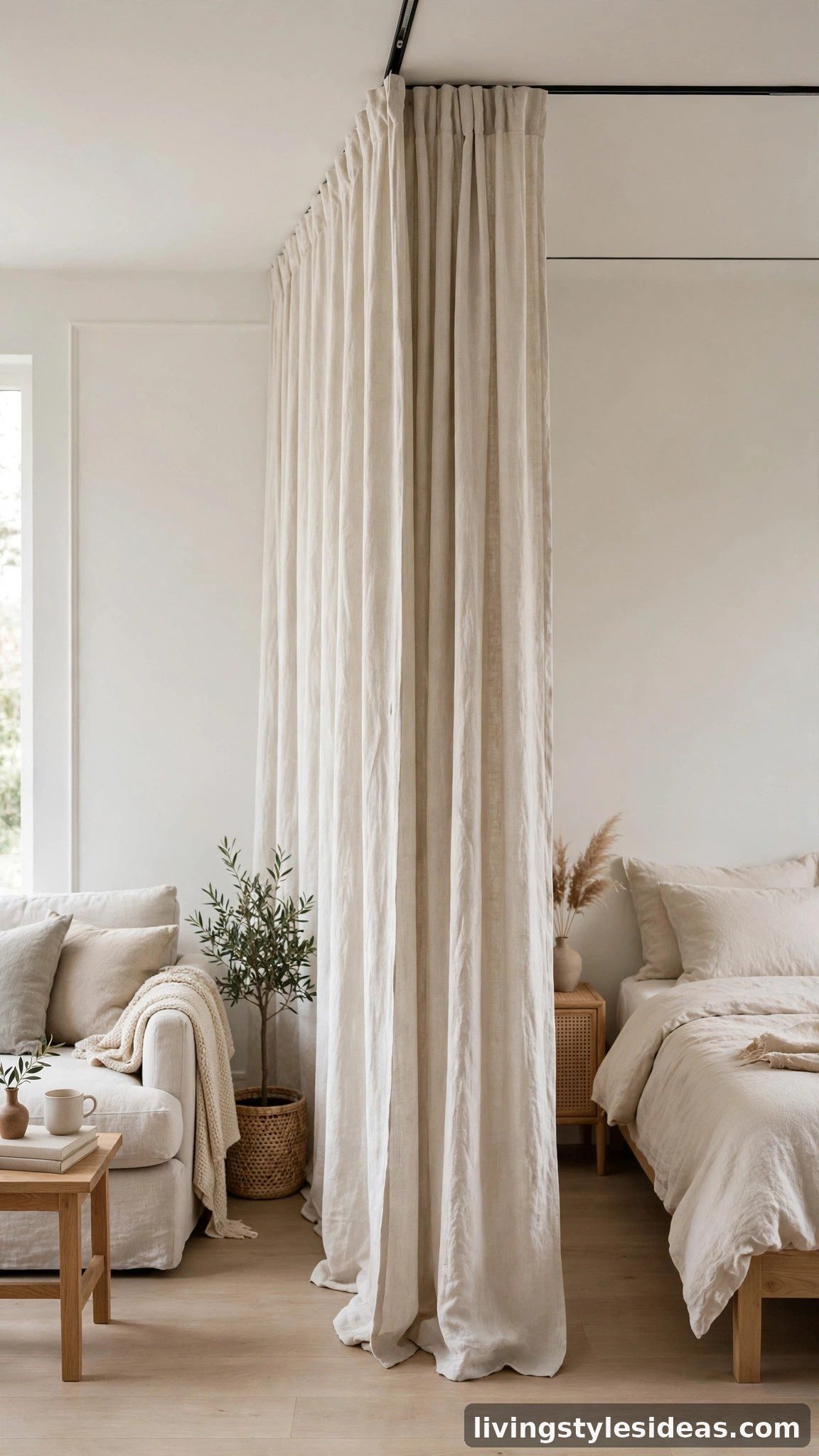 Floor-to-ceiling curtains dividing bed and couch areas
