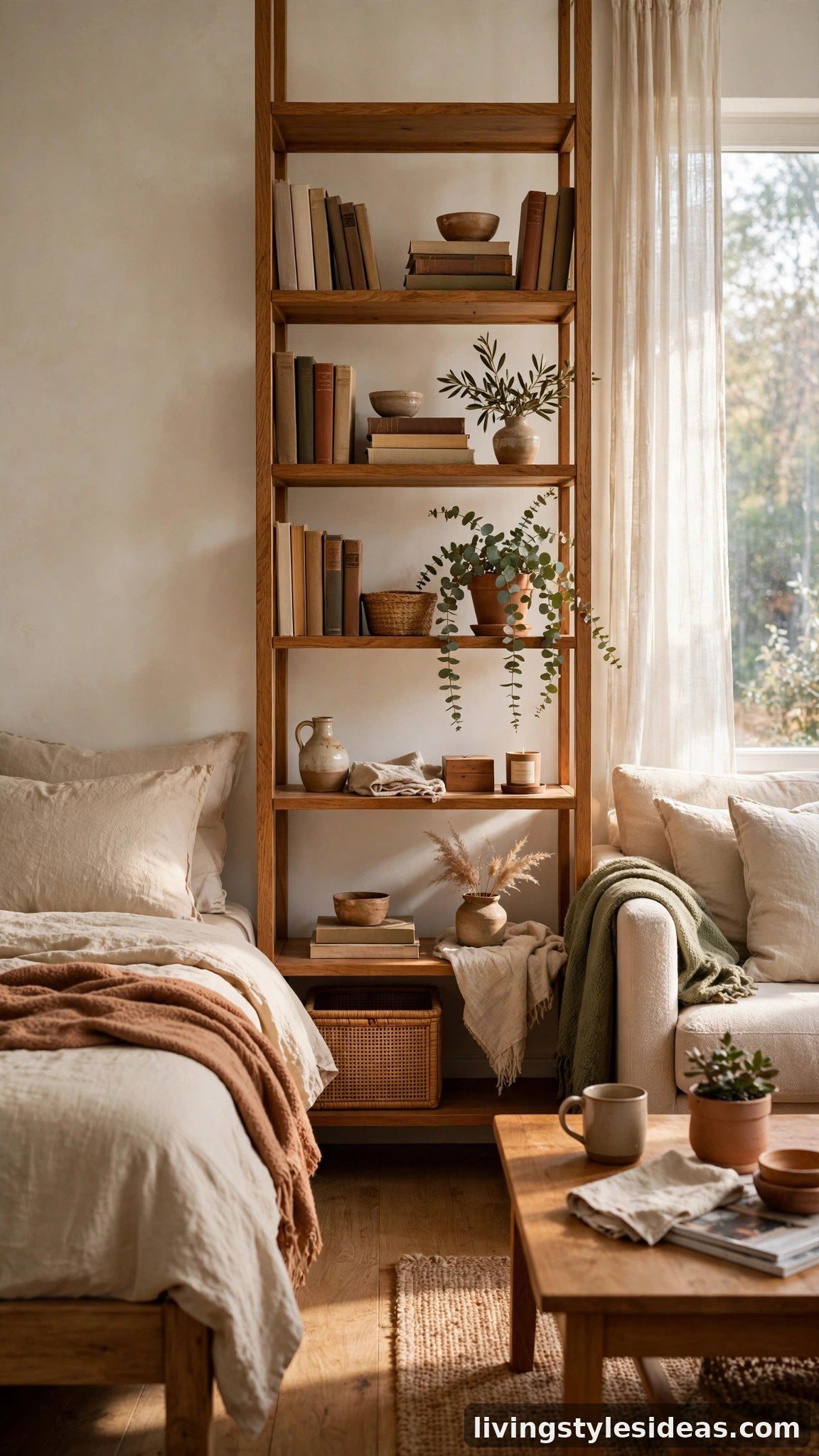Open bookshelf divider between bed and couch in one room