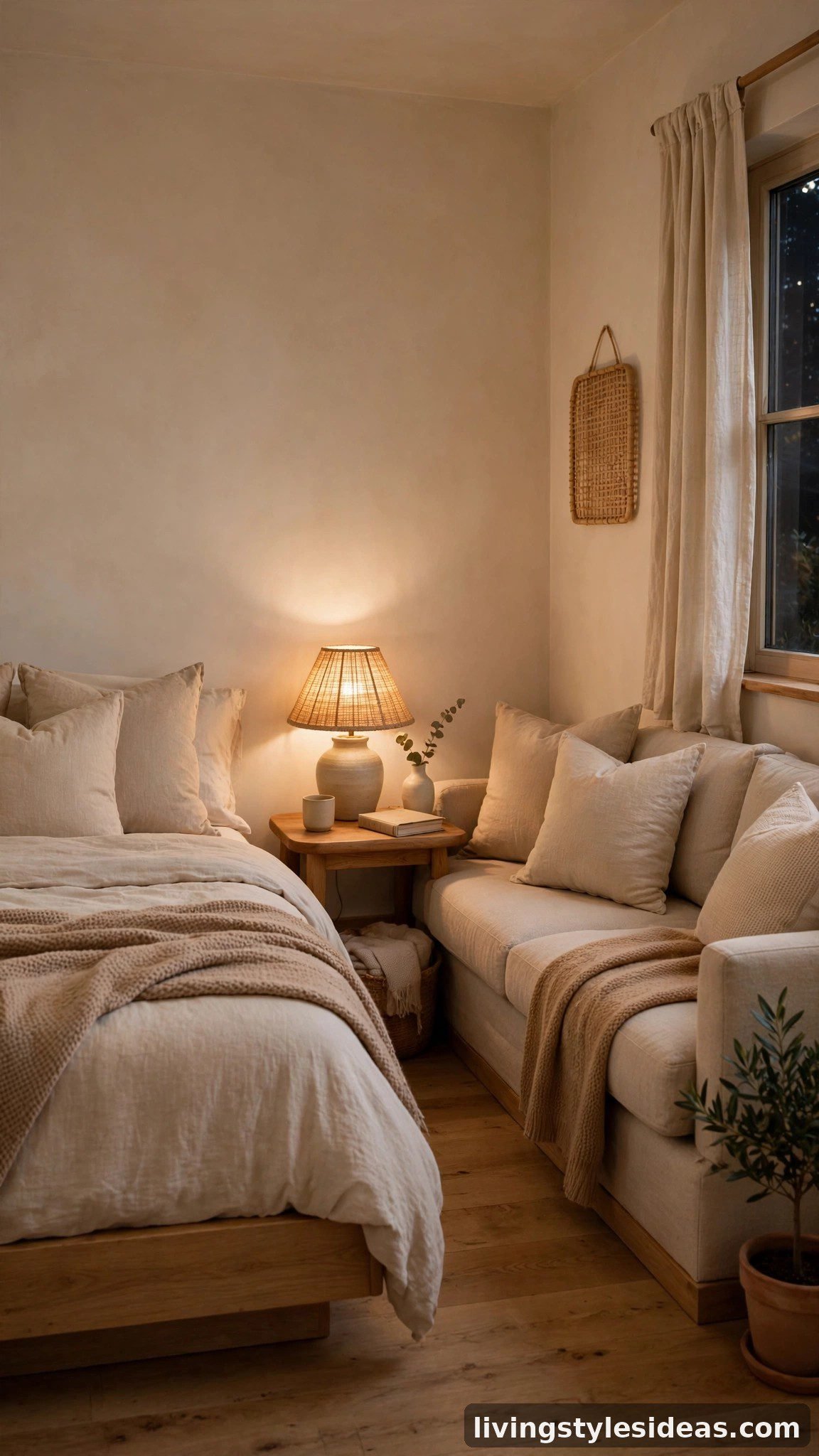 L-shaped bed and couch layout in a small room corner