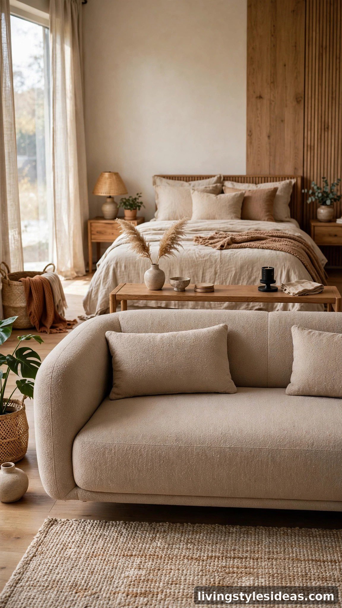 Couch floated mid-room with its back to the bed