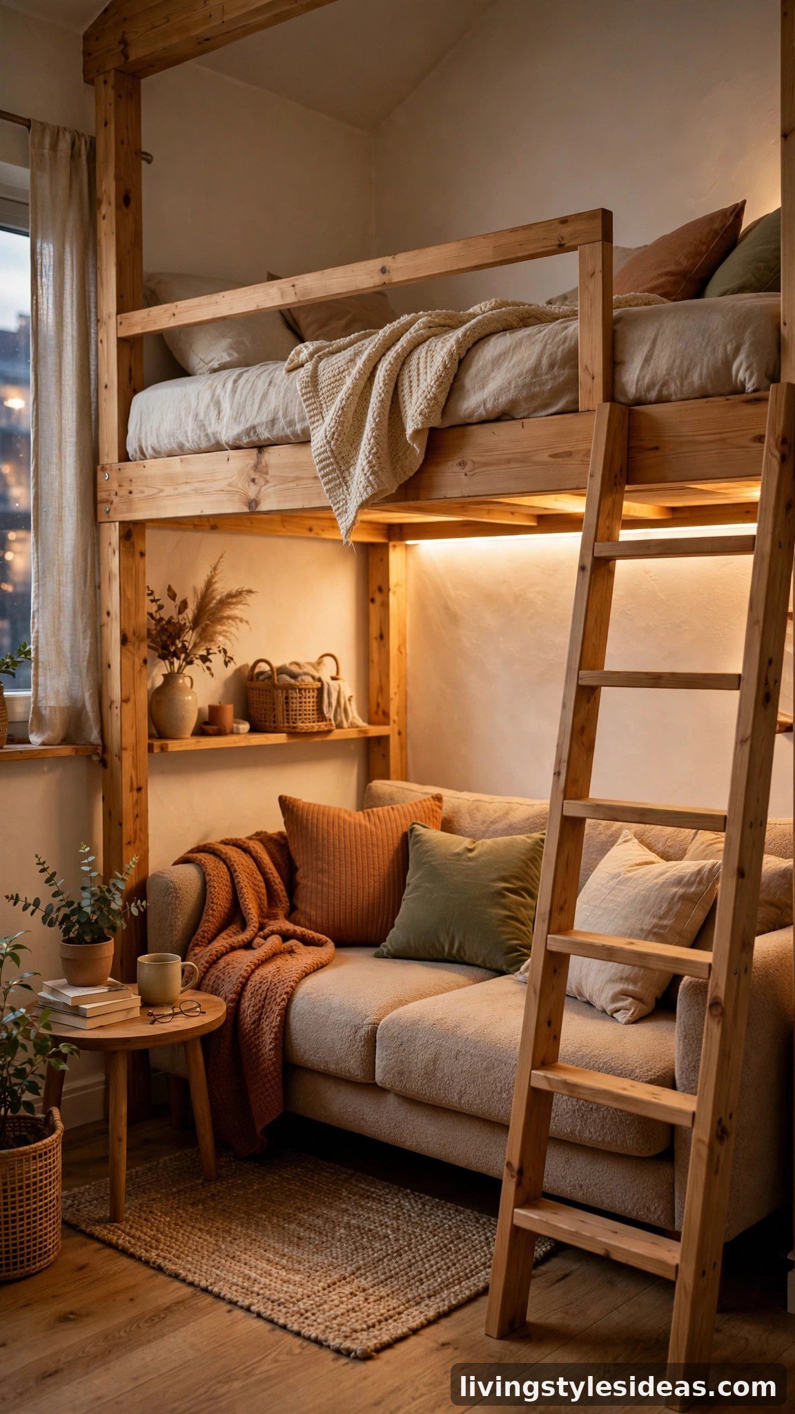 Loft bed with a couch underneath in a small room