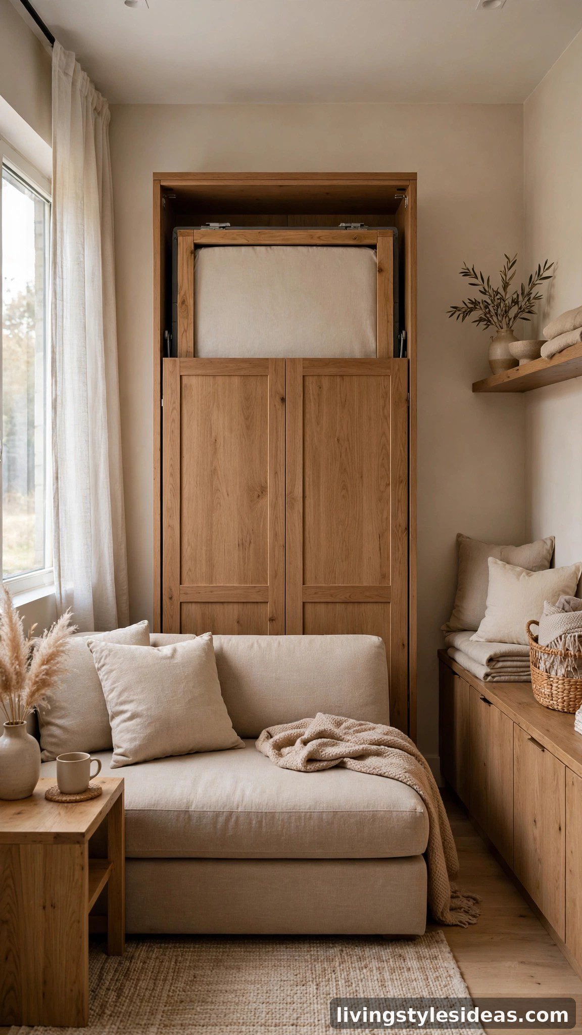 Murphy bed folded up revealing a couch in one room