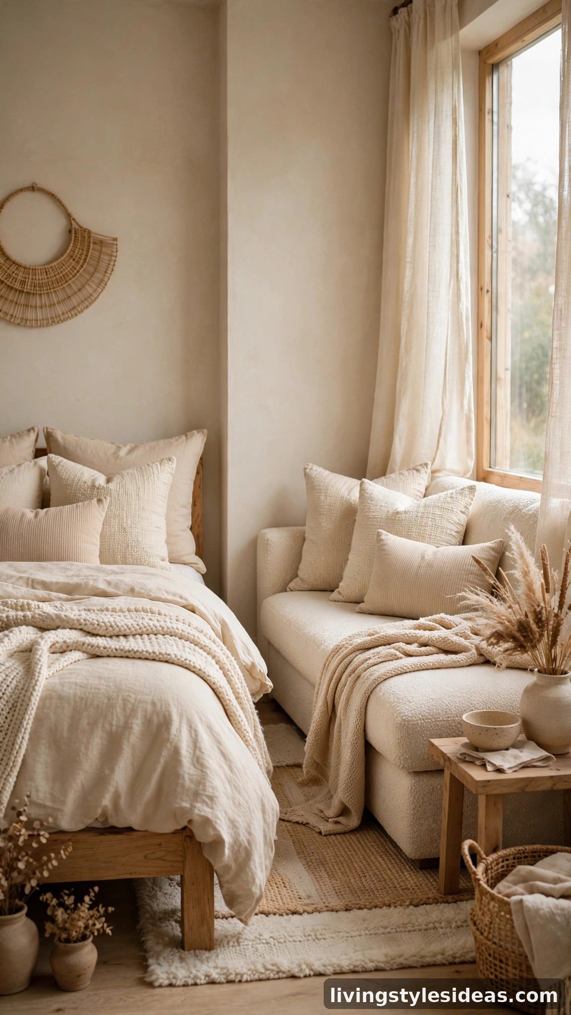 Coordinated bedding and couch upholstery in matching tones