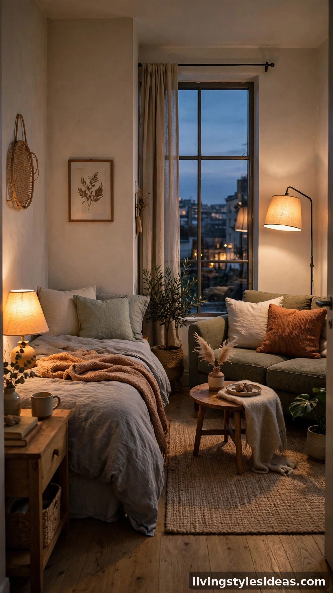 Separate lighting zones for bed and couch areas at dusk