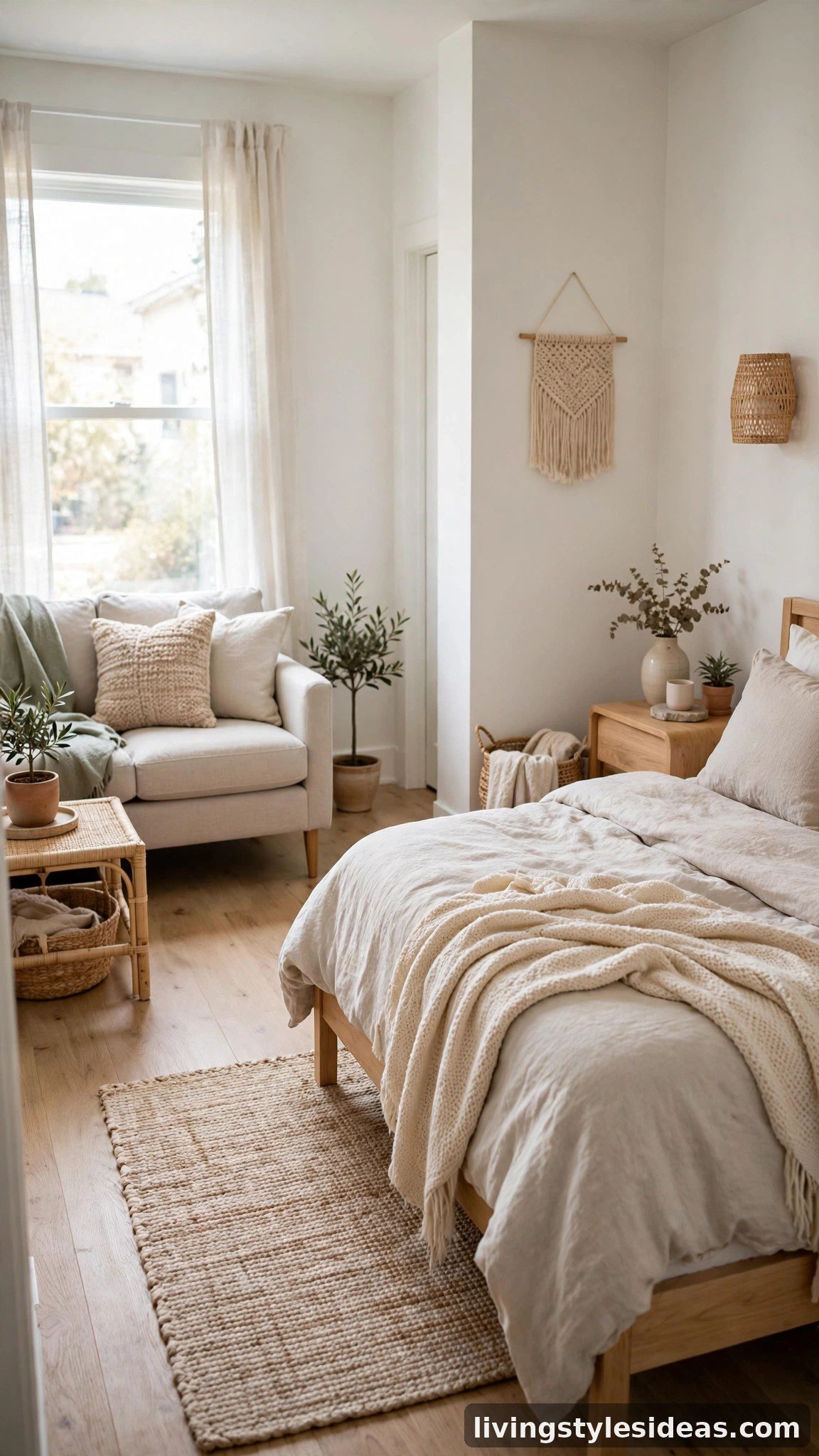 Apartment-scale loveseat paired with a bed in a small room