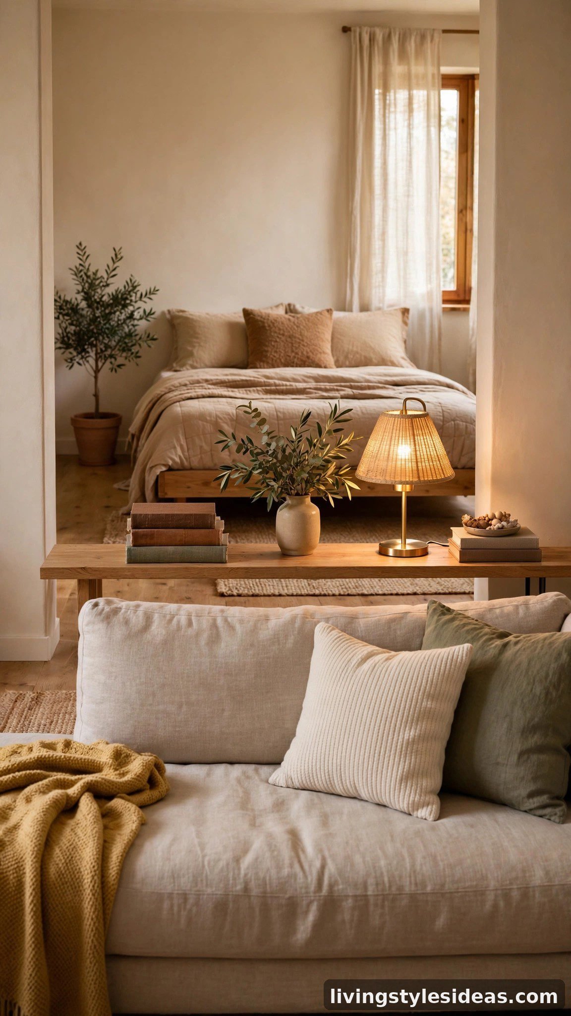 Slim console table dividing couch from bed
