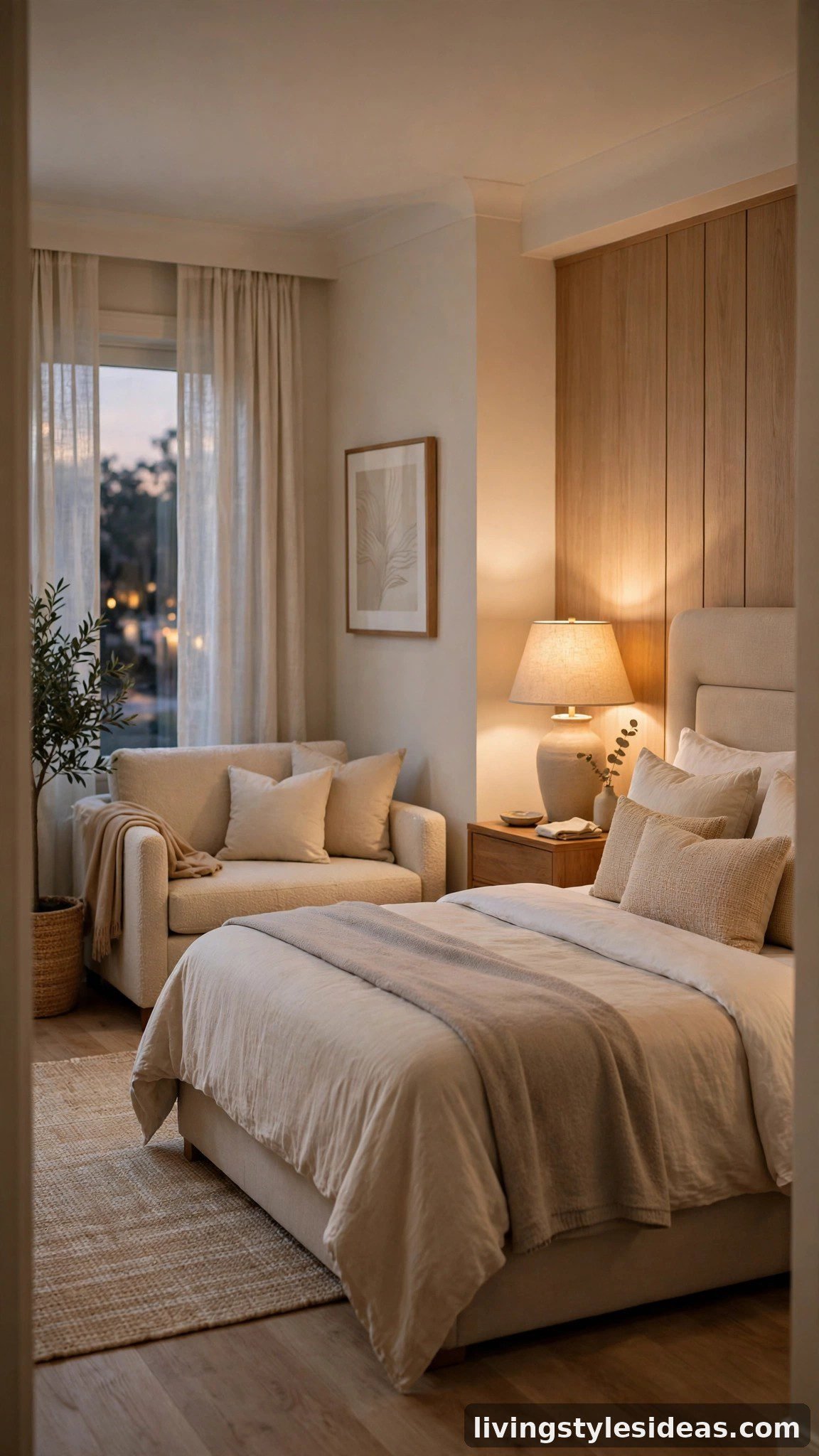 Guest room with bed and loveseat styled together
