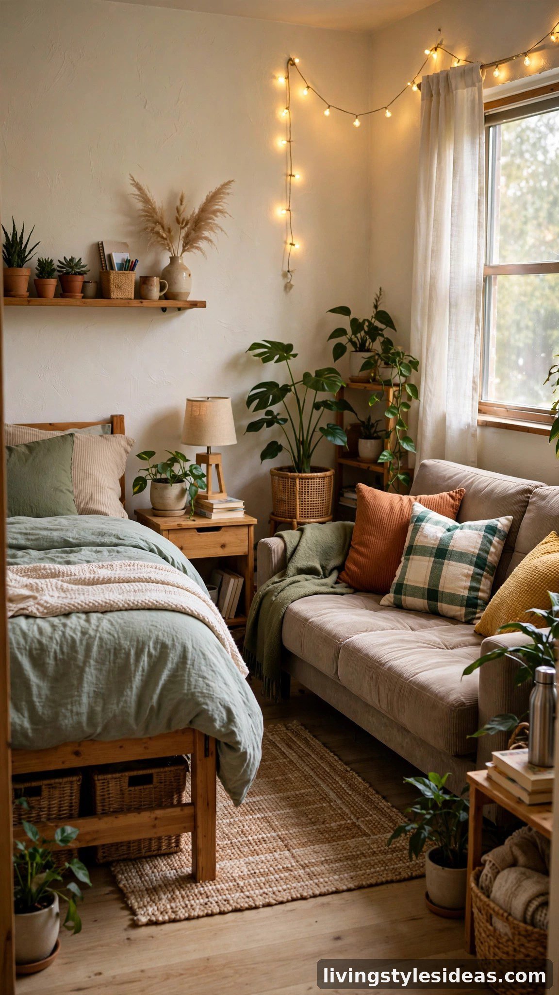Dorm room with twin bed and futon couch combo