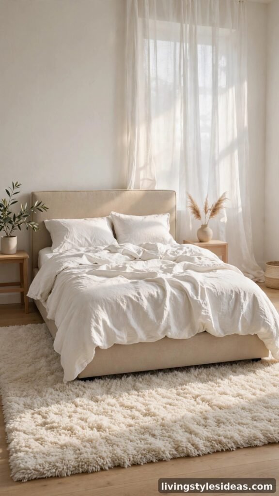 Plush cream shag rug under a beige upholstered bed