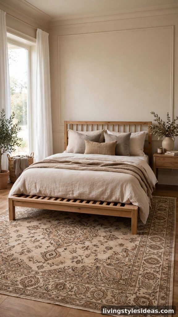 Vintage Persian-style rug in warm beige tones under a wooden bed