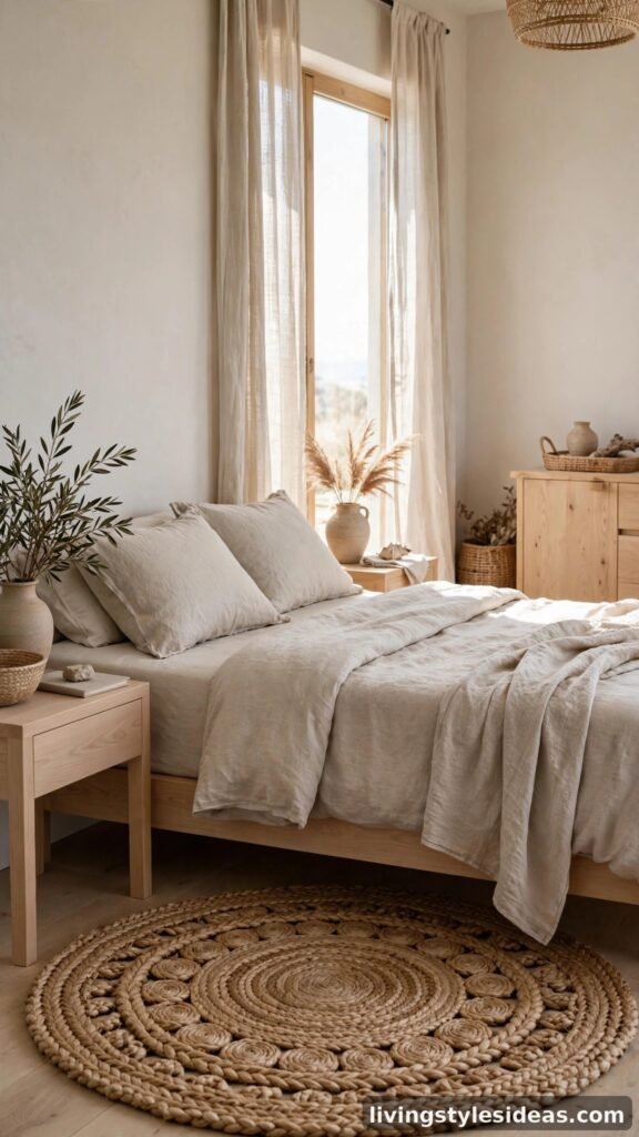 Natural jute rug in a calm beige bedroom with linen bedding