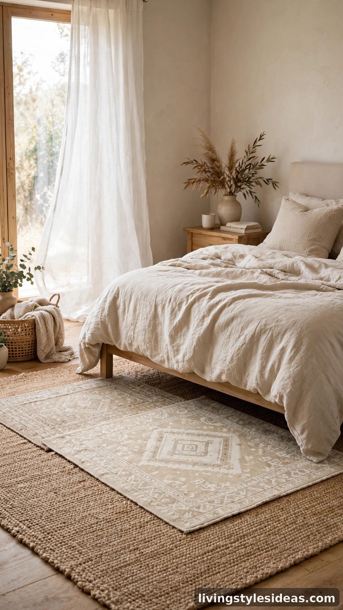 Layered cream and jute rugs beside a beige bed
