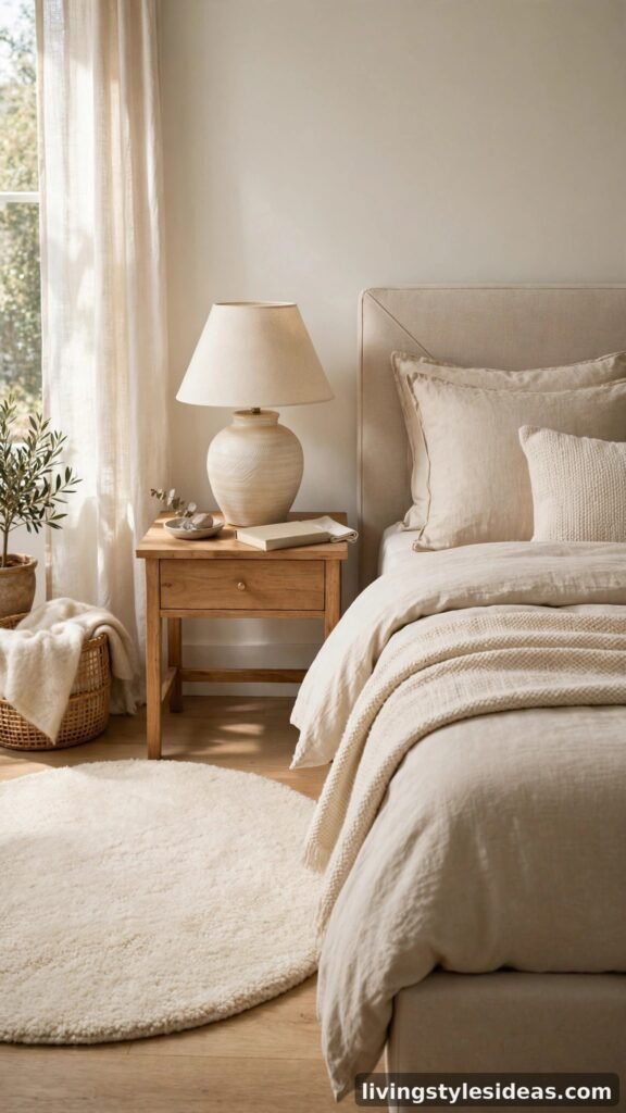 Round cream wool rug beside a beige bed with bedside table