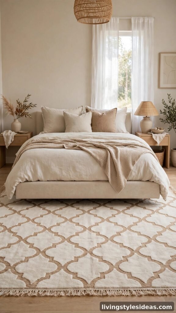 Moroccan trellis rug in ivory and sand in a beige bedroom