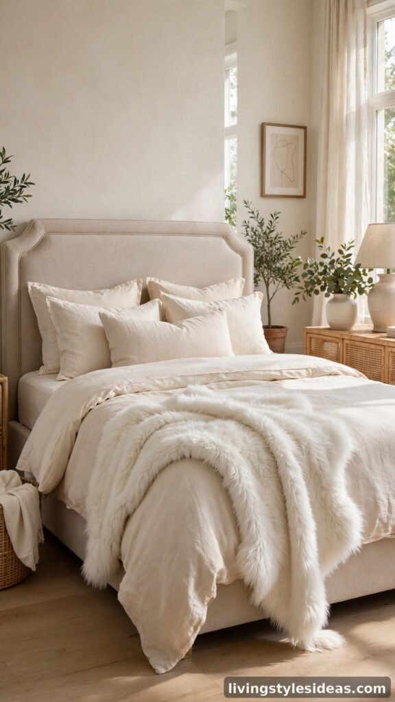 White faux fur throw rug at the foot of a beige bed