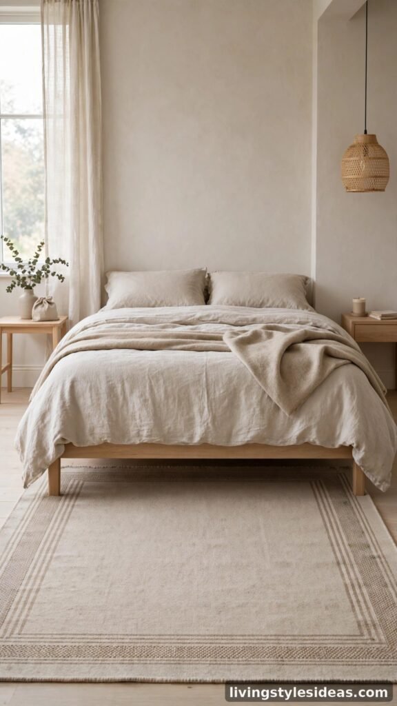 Beige flatweave wool rug with border stripes under a bed