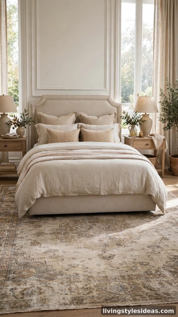 Distressed vintage rug in faded beige under an upholstered bed