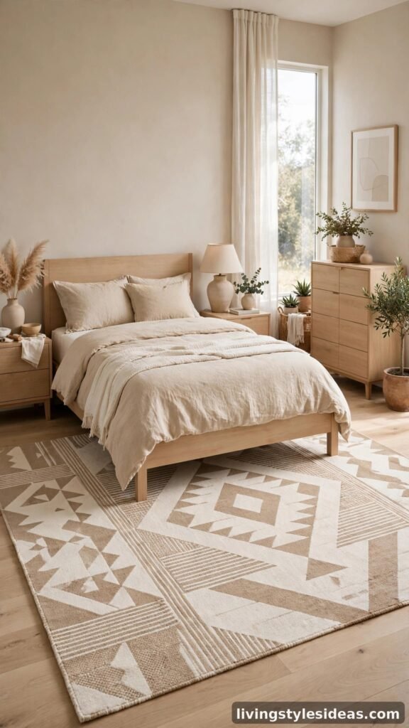 Modern geometric rug in sand and ivory in a beige bedroom