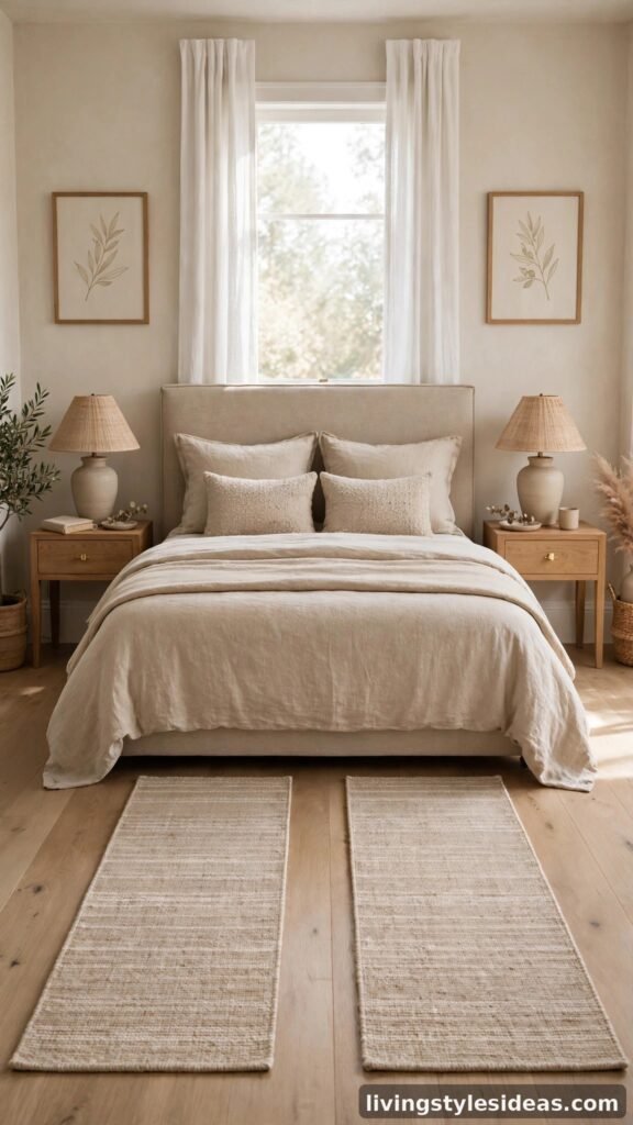 Matching beige rug runners on both sides of a bed