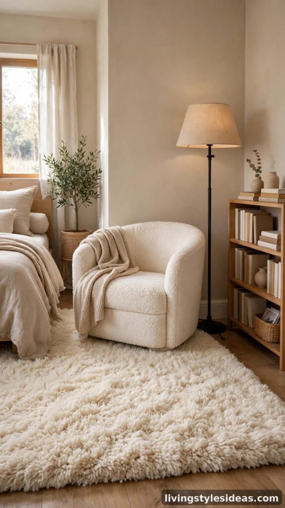Plush cream rug in a beige bedroom reading nook with armchair