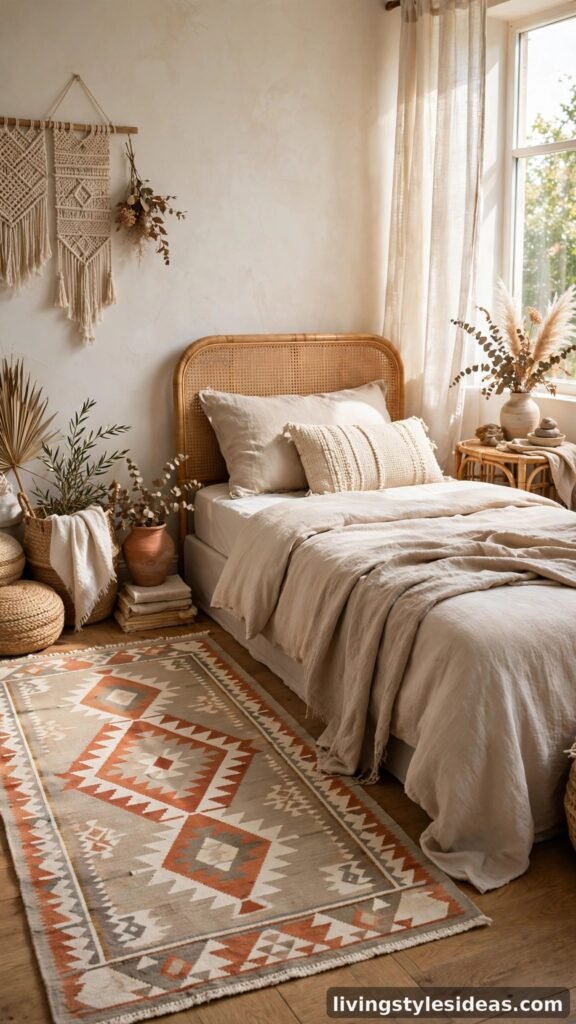 Kilim rug in muted beige and terracotta beside a beige bed
