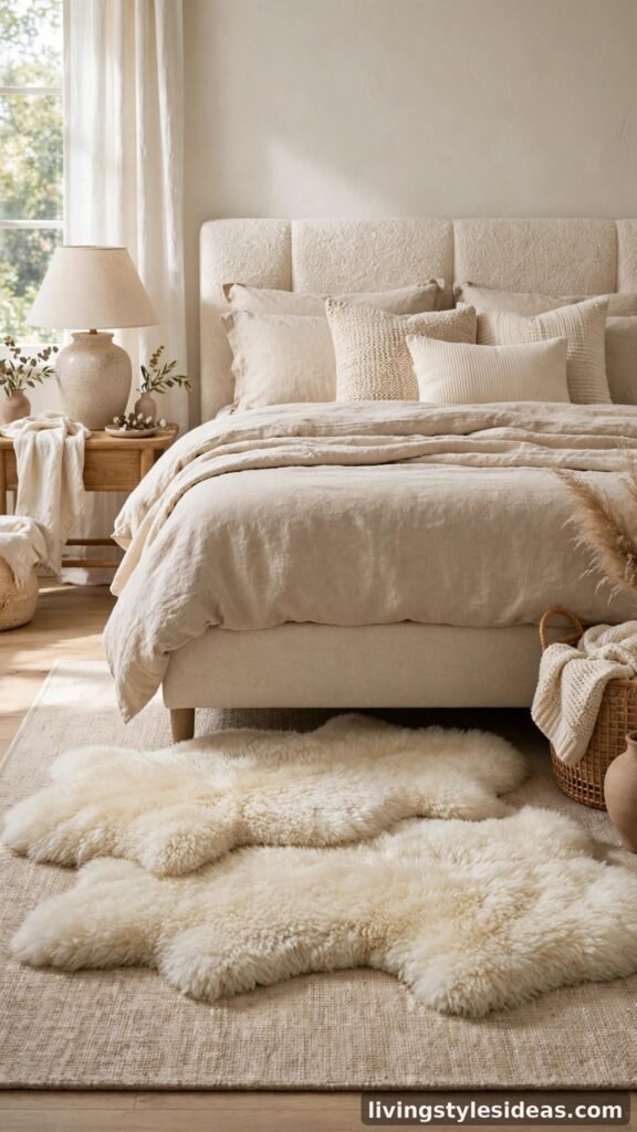 Cream sheepskin rugs layered over a beige rug at foot of bed