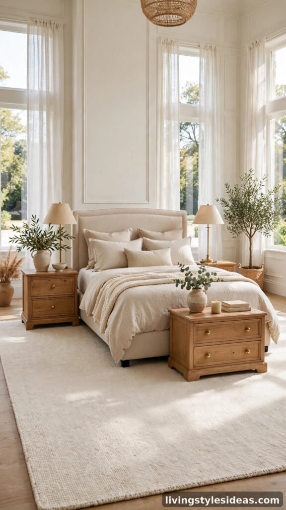 Oversized ivory rug anchoring a beige bed and nightstands
