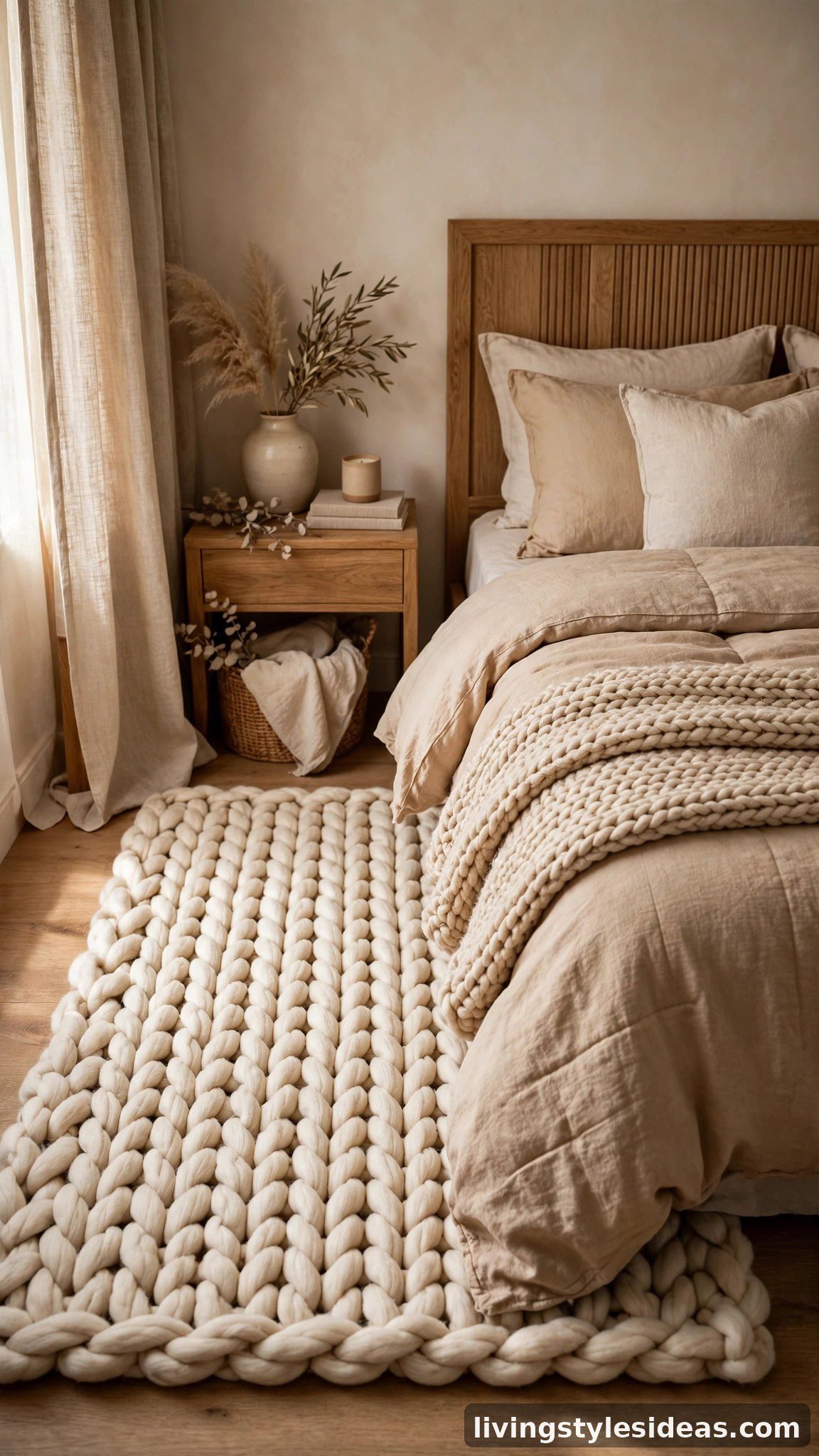 Chunky knit wool rug in cream beside a cozy bed