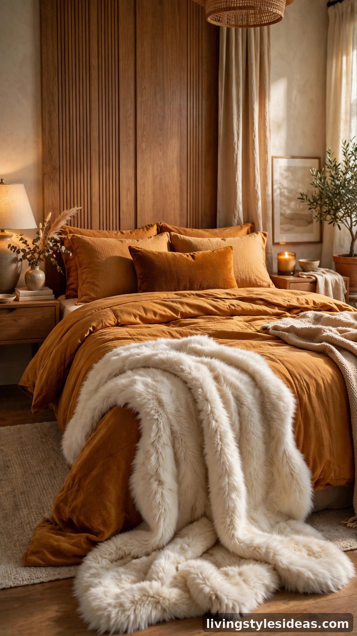 Soft faux fur rug at the foot of a warm bedroom bed