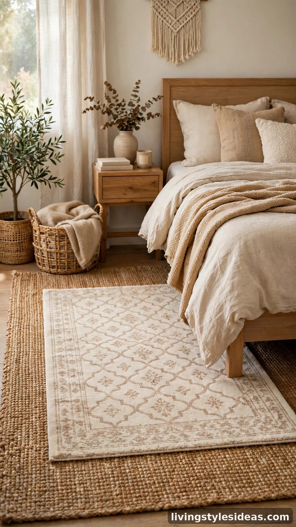 Layered patterned and jute rugs beside a cozy bed